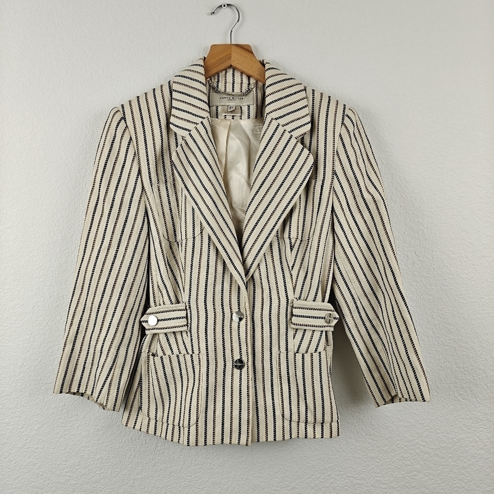 KAREN MILLEN Linen Blend Blazer Jacket Button Up Cream Striped Womens Size 8